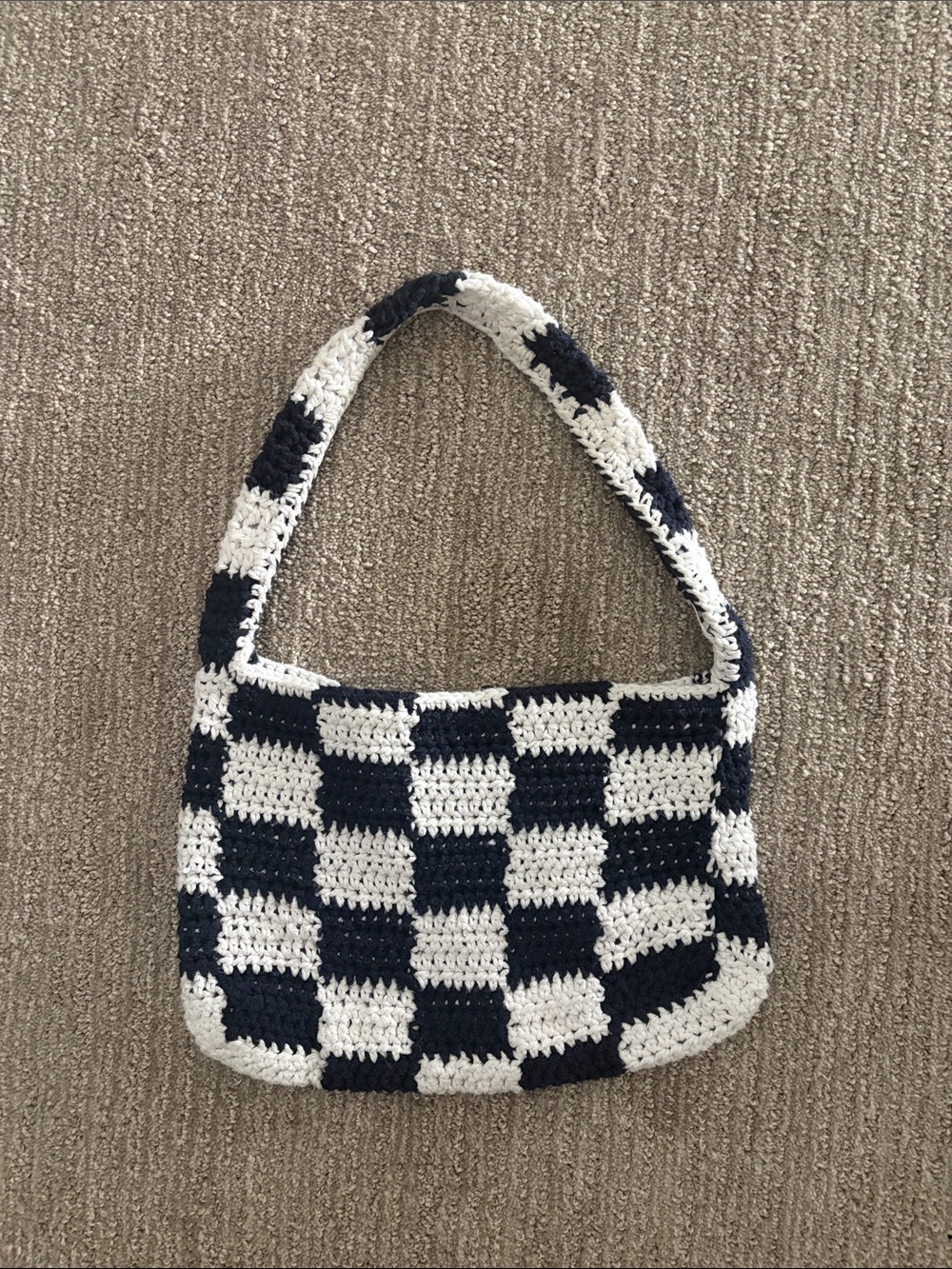 Handmade Navy & White Crochet Checkerboard Shoulder Bag